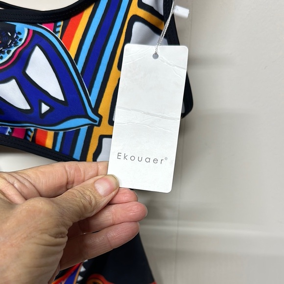 Ekouaer Black and Blue multicolored One Piece Swimsuit with Cut-Out Design - Picture 2 of 10